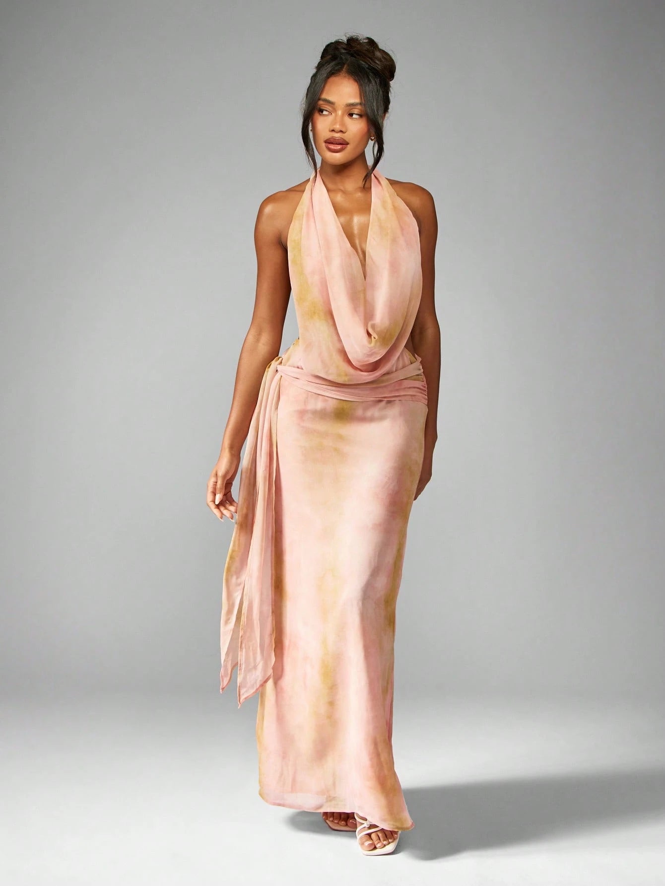 Peach Ombre Draped Halter Neck Satin Midi Dress