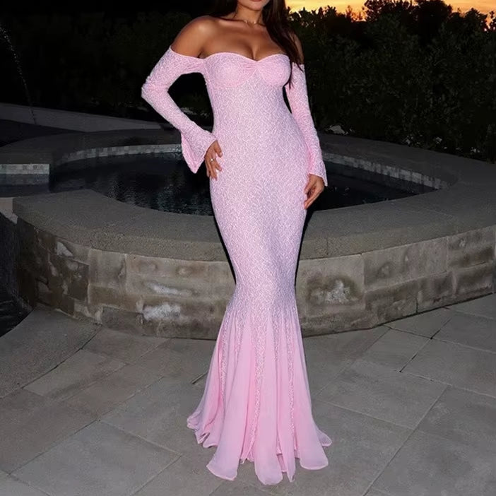 Baby Pink Off Shoulder Mermaid Glitter Evening Gown