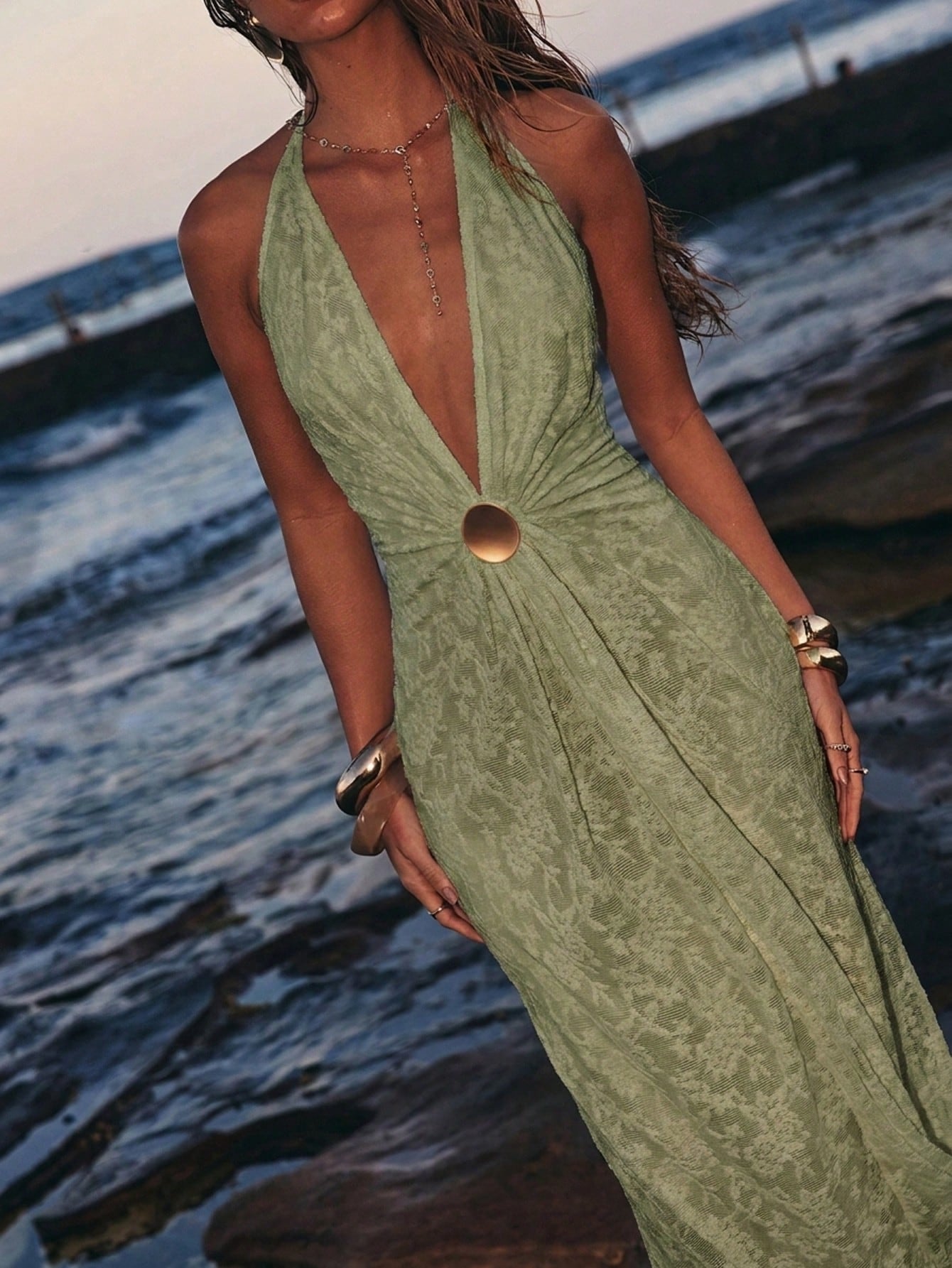 Olive Green Deep V Halter Circle Accent Maxi Dress