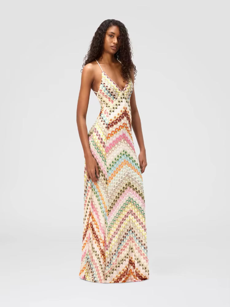 Elegant Bohemian Zigzag Pattern Spaghetti Strap Maxi Dress
