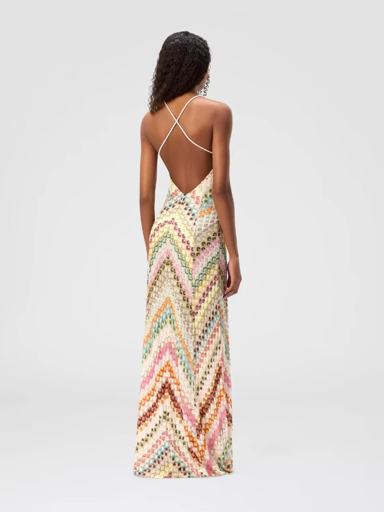 Elegant Bohemian Zigzag Pattern Spaghetti Strap Maxi Dress