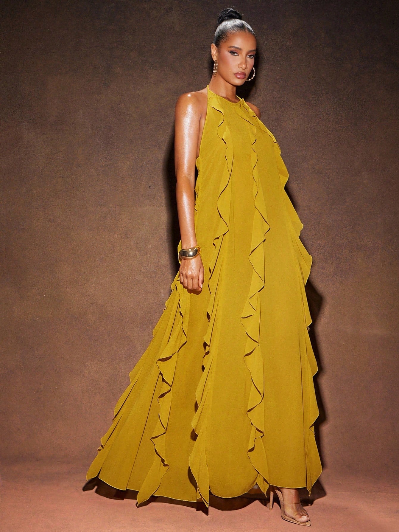 Mustard Yellow Halter Ruffle Pleated Flow Maxi Dress