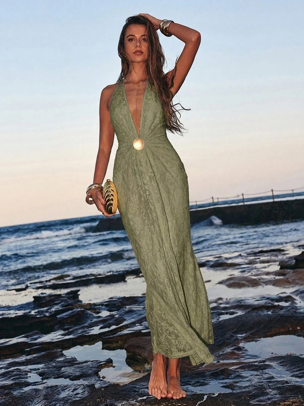 Olive Green Deep V Halter Circle Accent Maxi Dress