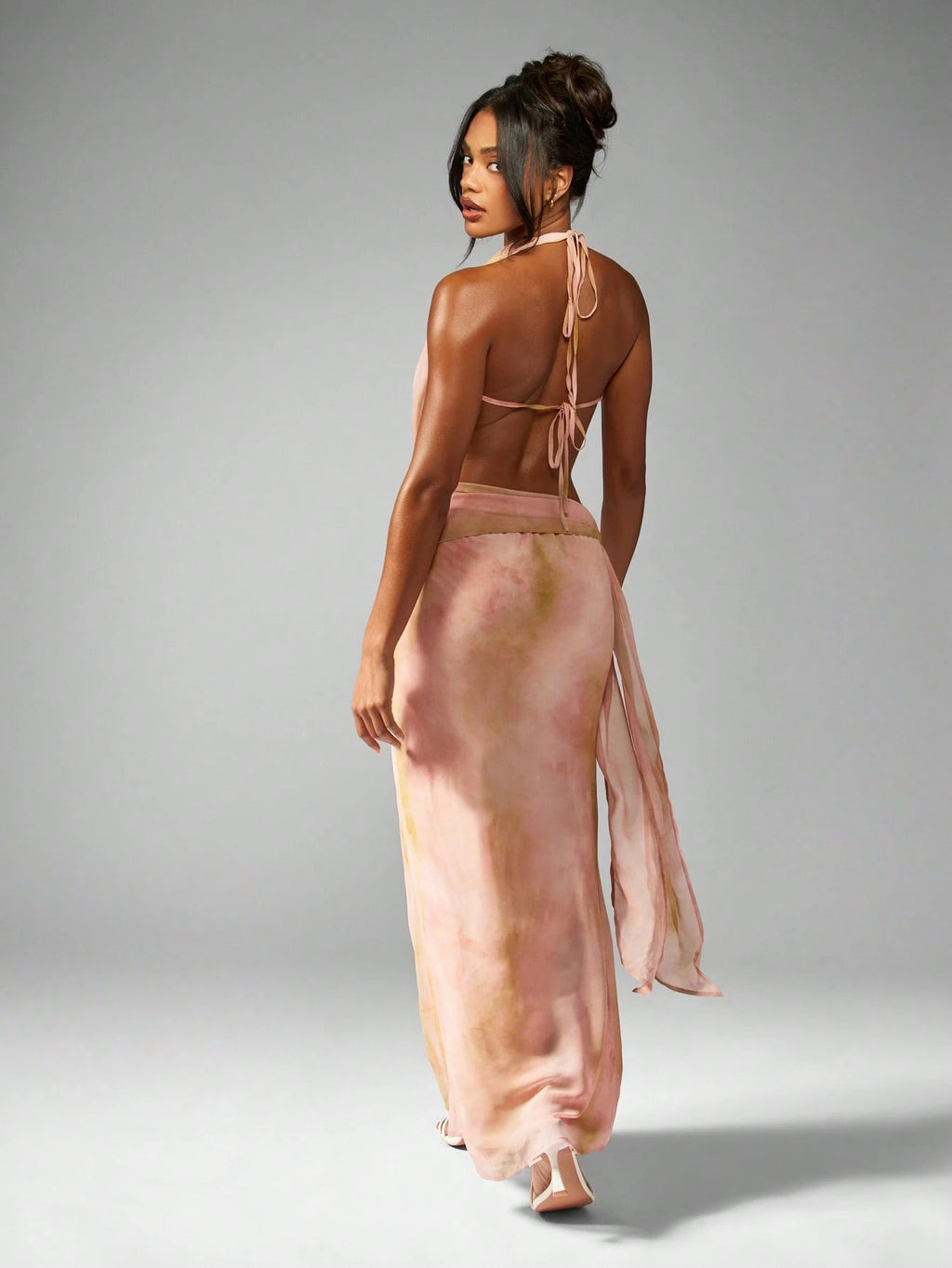 Peach Ombre Draped Halter Neck Satin Midi Dress