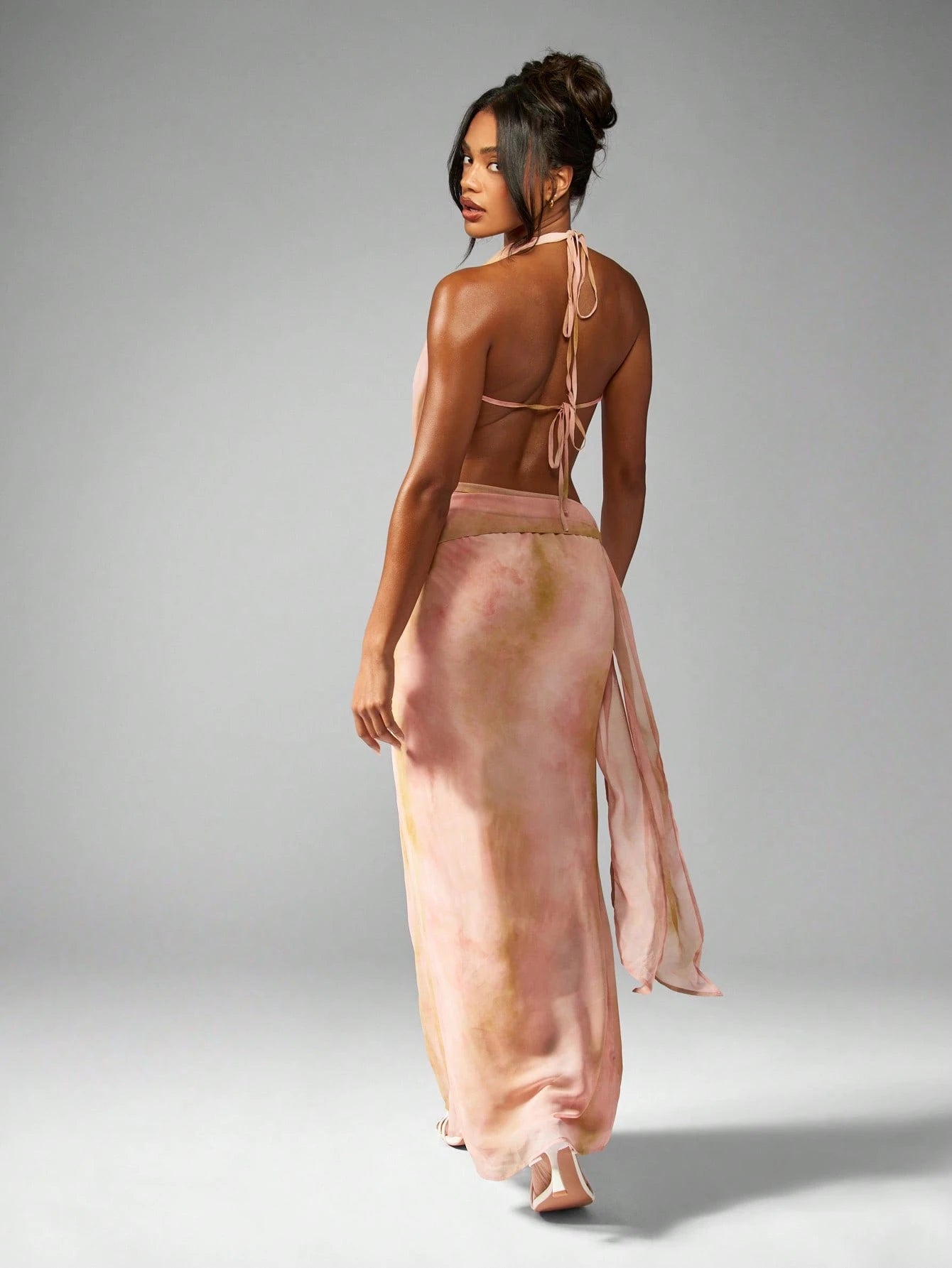 Peach Ombre Draped Halter Neck Satin Midi Dress