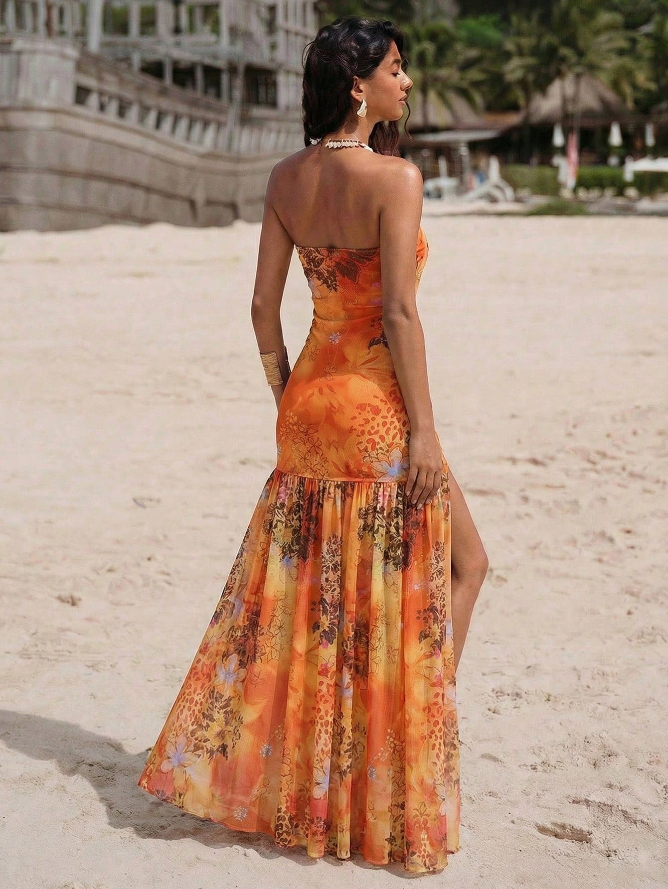 Mustard Yellow Halter Ruffle Pleated Flow Maxi Dress