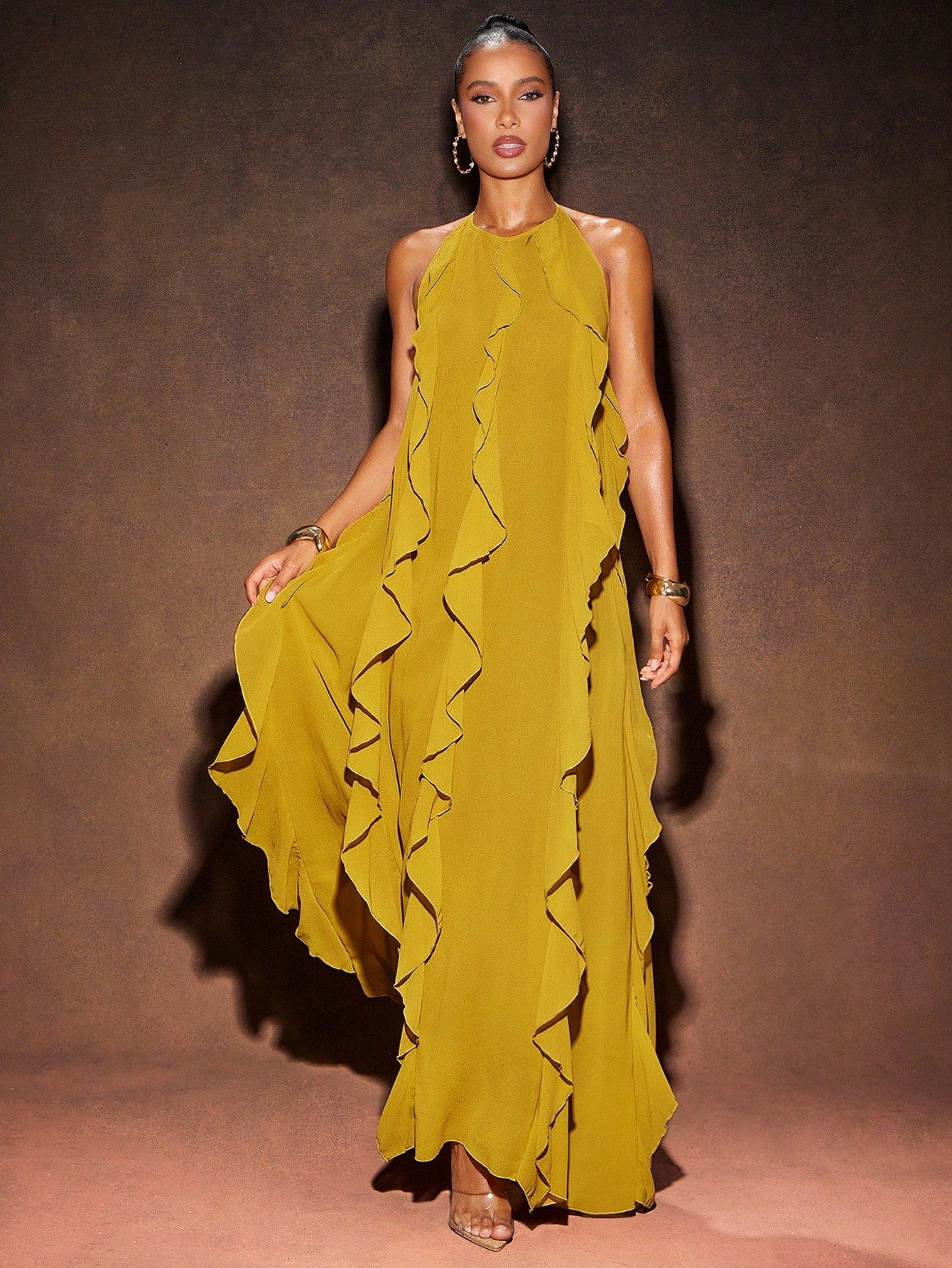 Mustard Yellow Halter Ruffle Pleated Flow Maxi Dress