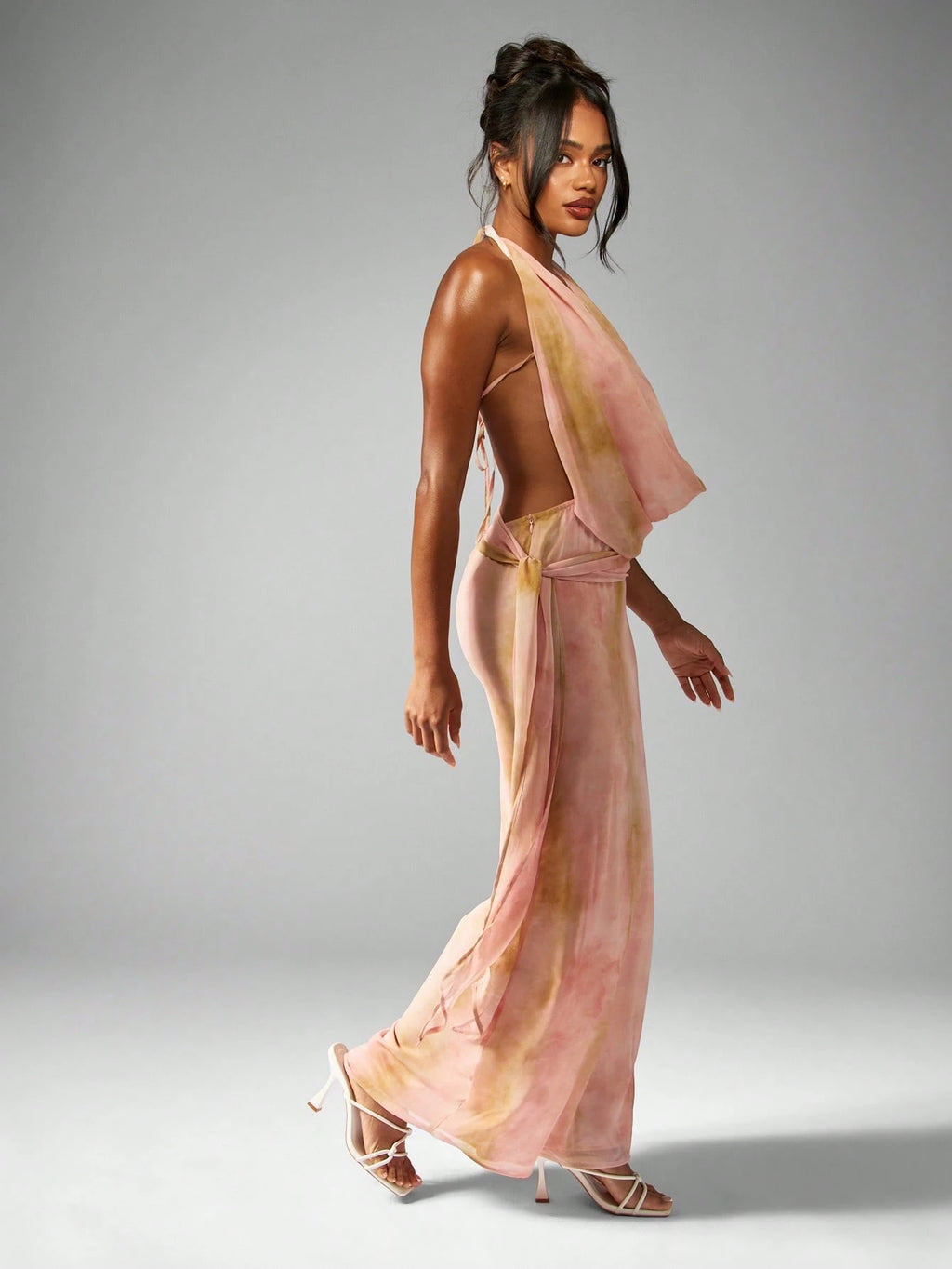 Peach Ombre Draped Halter Neck Satin Midi Dress