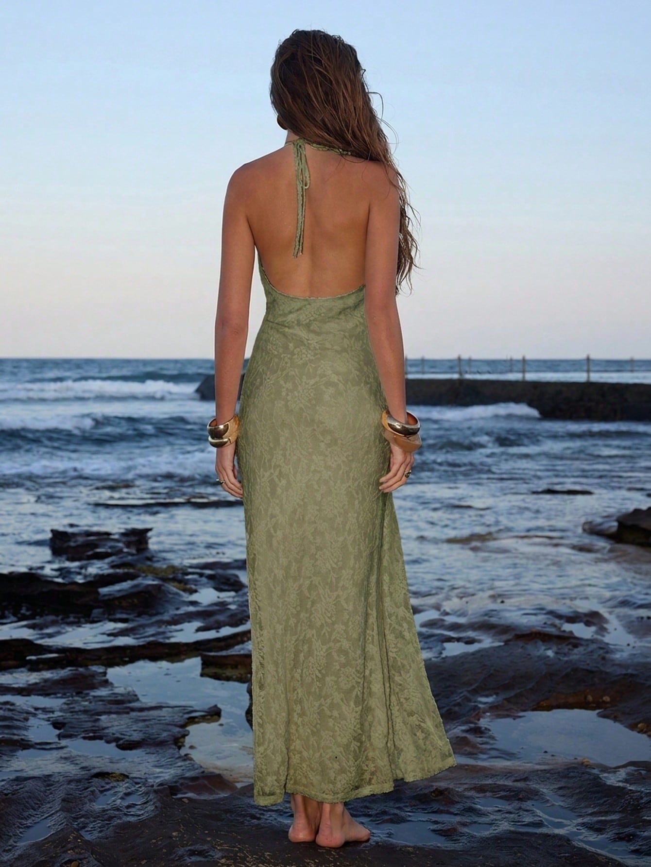 Olive Green Deep V Halter Circle Accent Maxi Dress