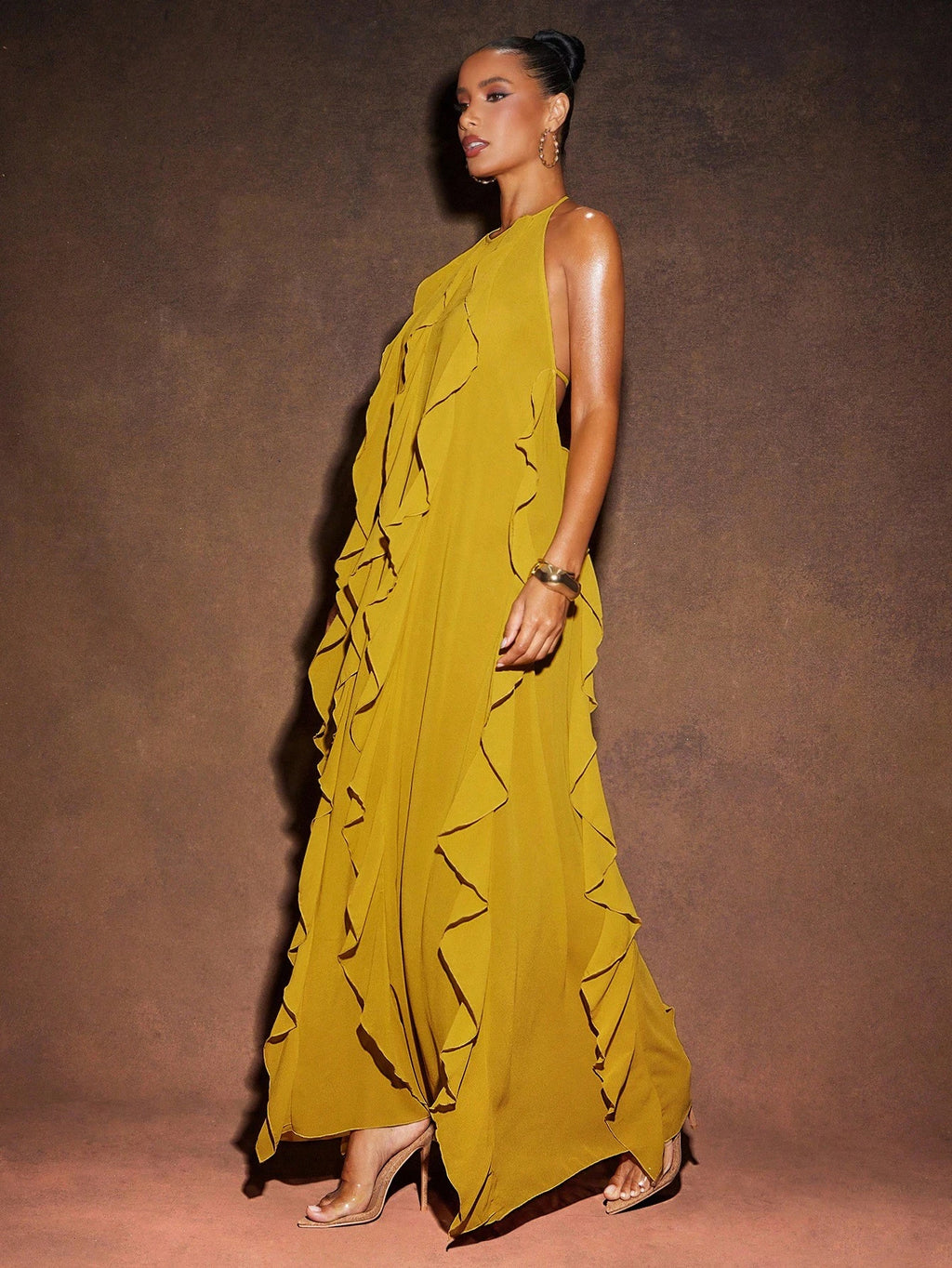 Mustard Yellow Halter Ruffle Pleated Flow Maxi Dress