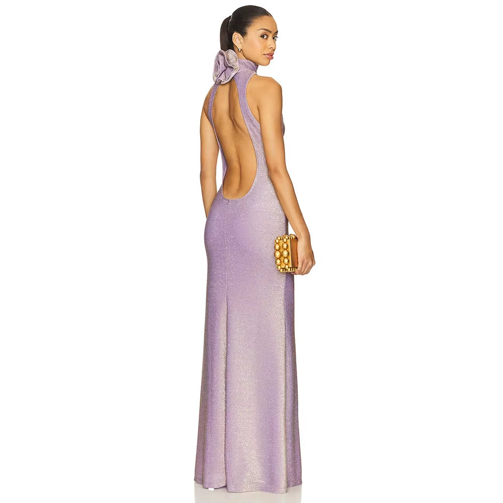 Lilac Glitter Halter Neck Bodycon Maxi Dress