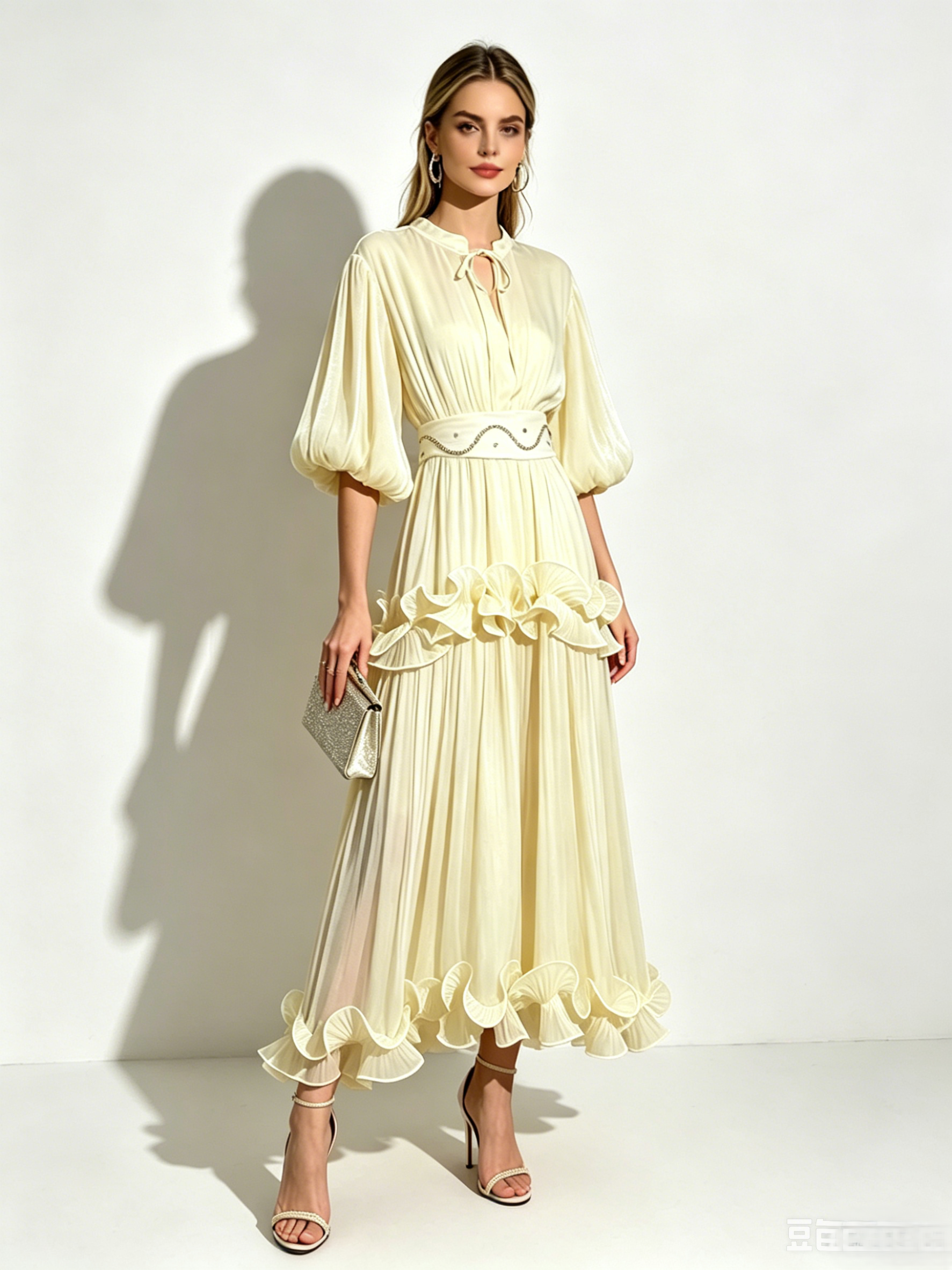 Lantern Sleeve Flowy Chiffon Dress for Women