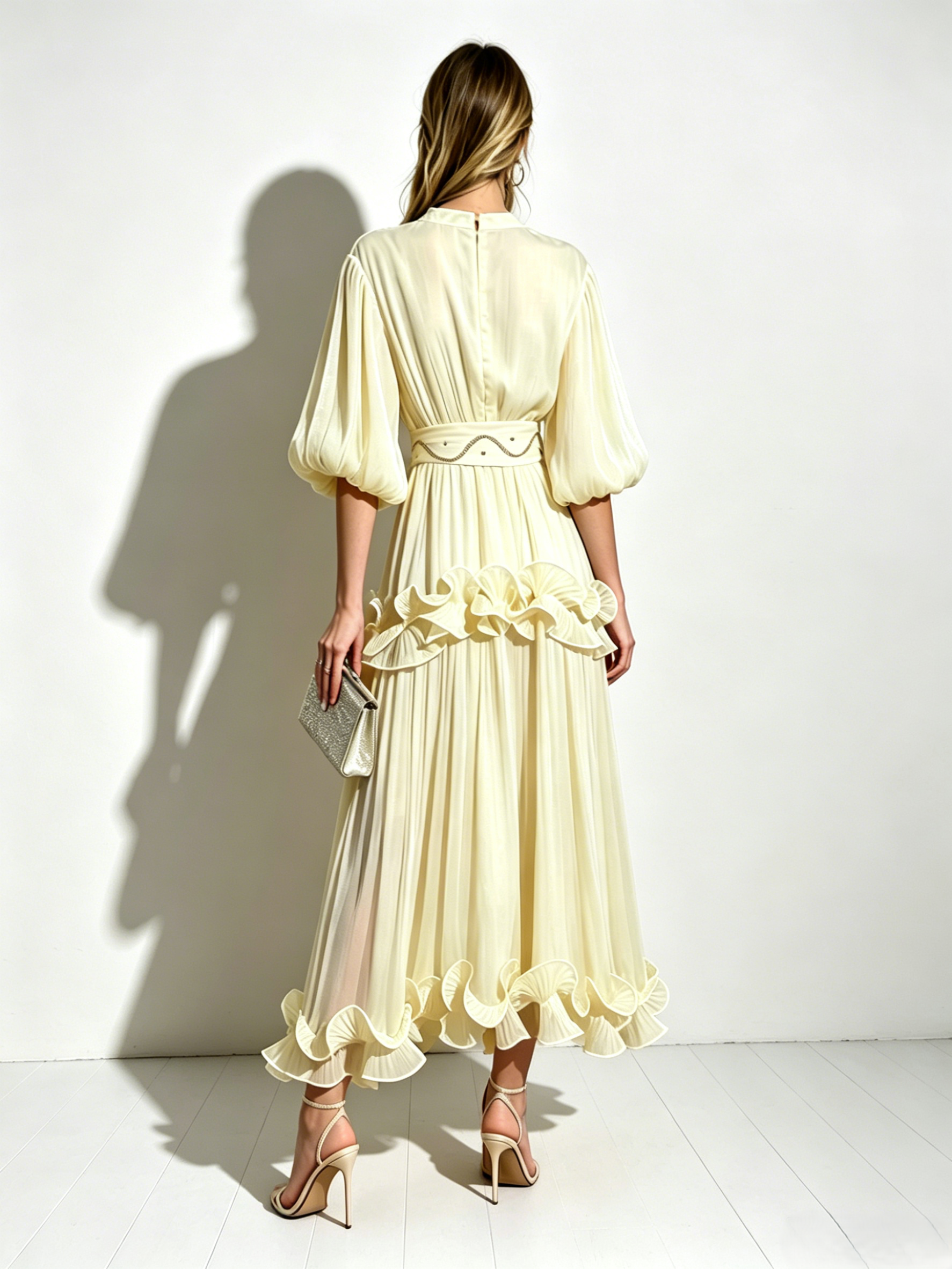 Lantern Sleeve Flowy Chiffon Dress for Women