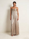 Metallic Pleated Strapless Maxi Dress