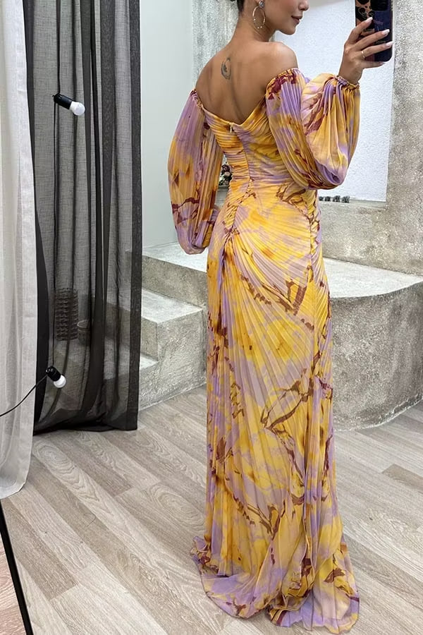 Yellow Purple Floral Off Shoulder Ruched Front Maxi Dress
