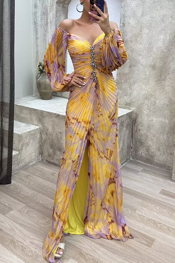Yellow Purple Floral Off Shoulder Ruched Front Maxi Dress