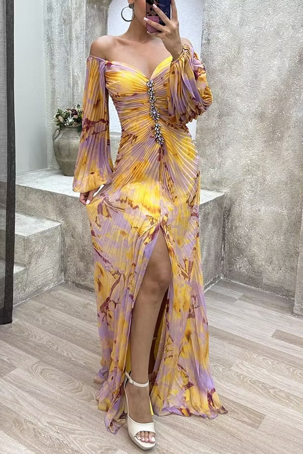 Yellow Purple Floral Off Shoulder Ruched Front Maxi Dress