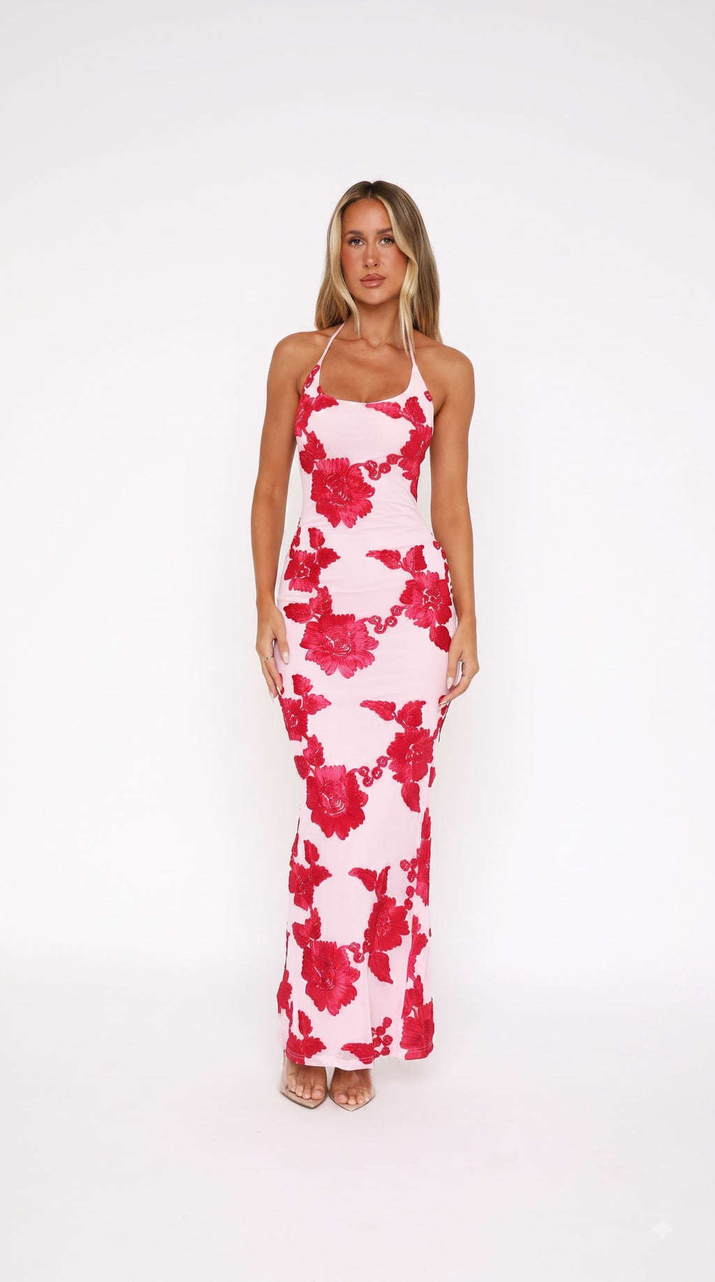 Minimal Chic Pink Red Flower Print Slim Fit Maxi Dress