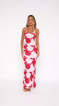 Minimal Chic Pink Red Flower Print Slim Fit Maxi Dress