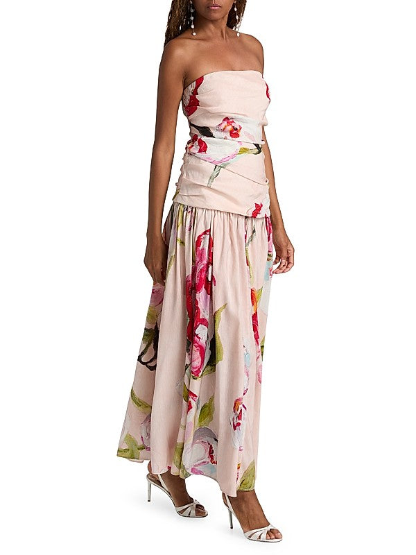 Blush Floral Strapless Pleated Maxi Dress