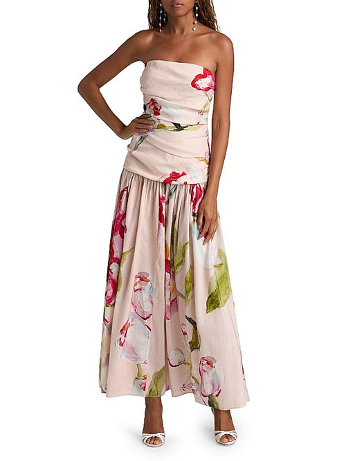 Blush Floral Strapless Pleated Maxi Dress