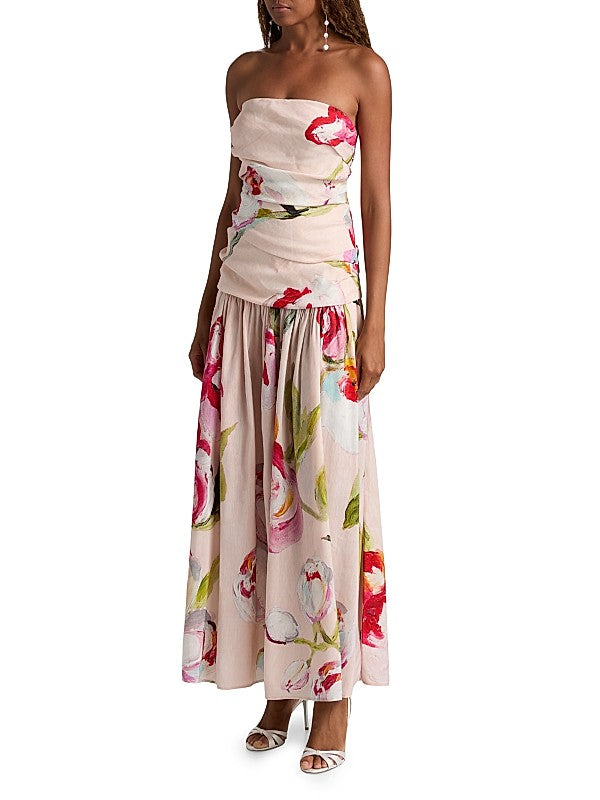 Blush Floral Strapless Pleated Maxi Dress