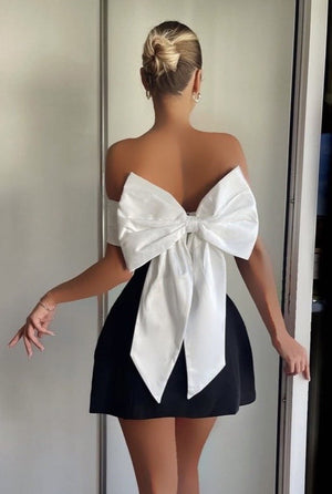 Black White Off Shoulder Bow Dress Women