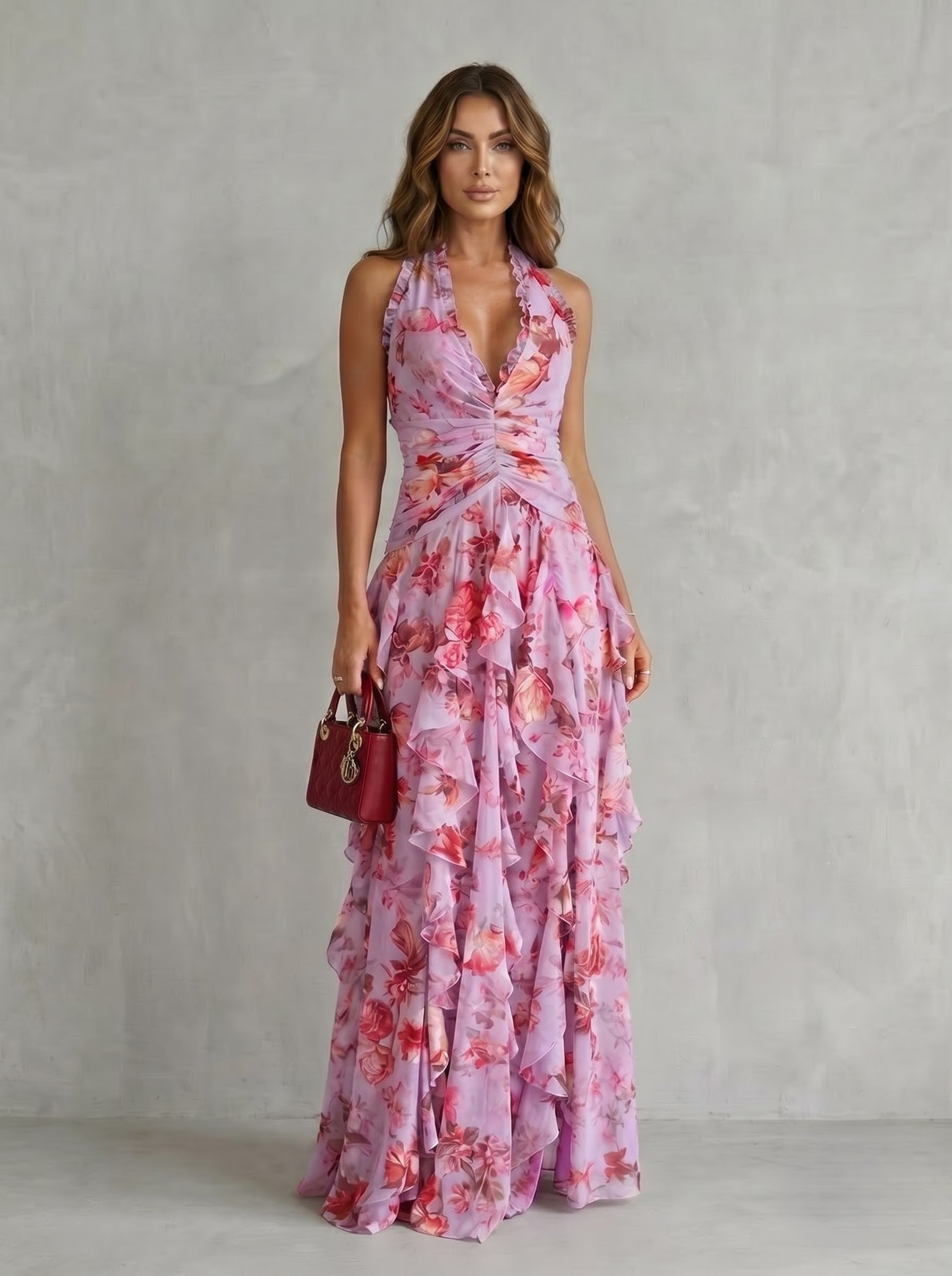 Pink Floral Halter Ruched Ruffle Tiered Maxi Dress