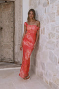 Red Orange One Shoulder Floral Print Bodycon Maxi Dress