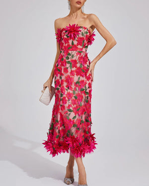Strapless  3D Floral Applique Midi Dress