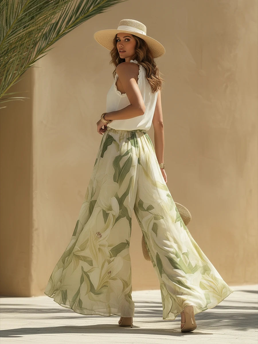 Cream Floral Wide Leg Chiffon Halter Summer Set Dress