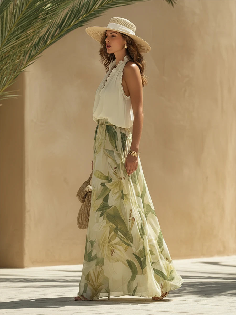 Cream Floral Wide Leg Chiffon Halter Summer Set Dress