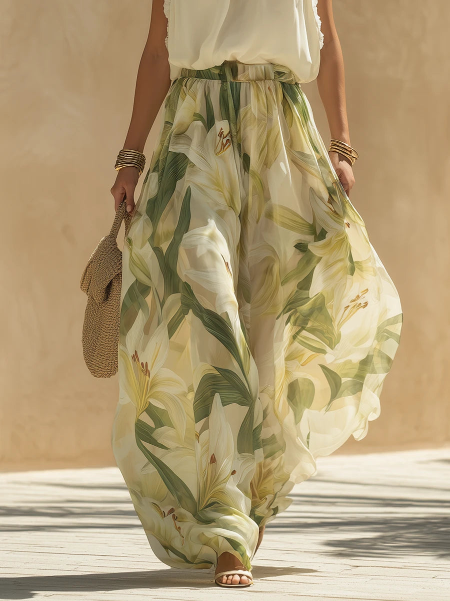 Cream Floral Wide Leg Chiffon Halter Summer Set Dress