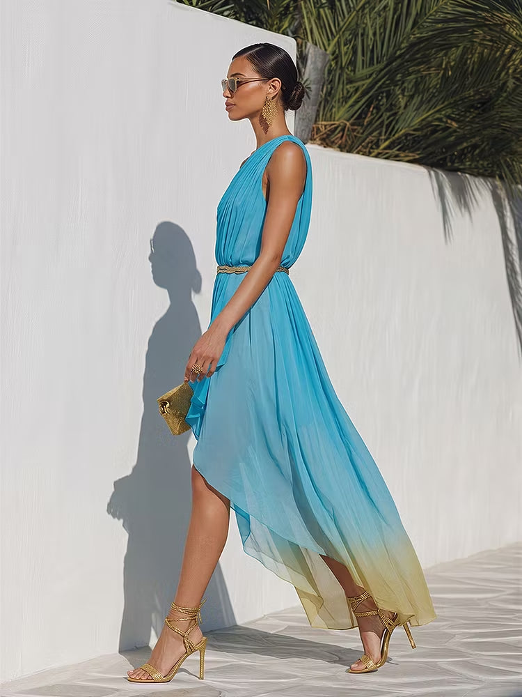 Romantic Vacation One-Shoulder Asymmetrical Hem Ombré Chiffon Maxi Dress