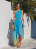 Romantic Vacation One-Shoulder Asymmetrical Hem Ombré Chiffon Maxi Dress