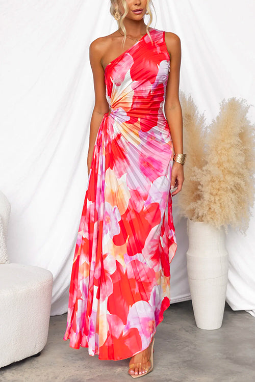 Women’s Red Abstract Print One Shoulder Maxi Dress