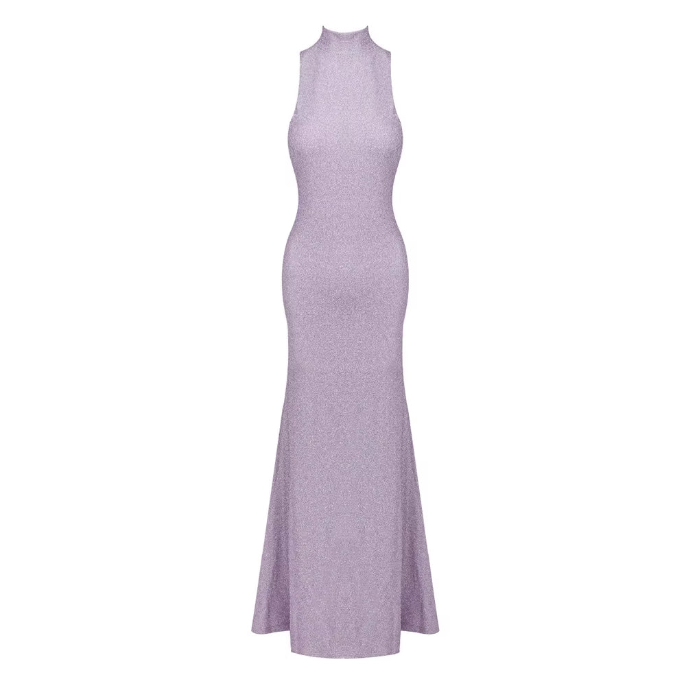 Lilac Glitter Halter Neck Bodycon Maxi Dress