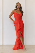 Minimal Chic Orange Red Frill Detail Slim Fit Maxi Dress