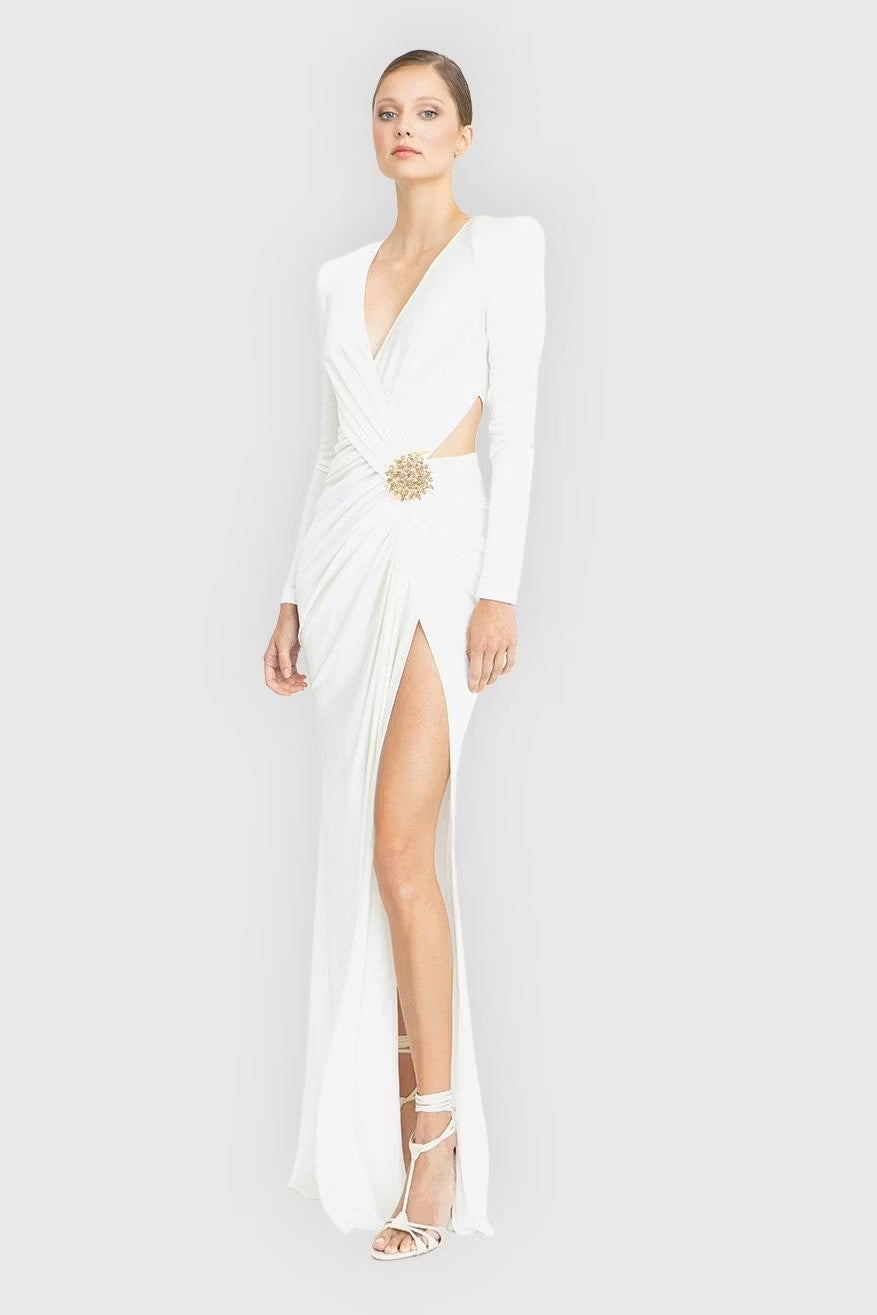 V-Neck Long Sleeve Split Solid Midi Dress
