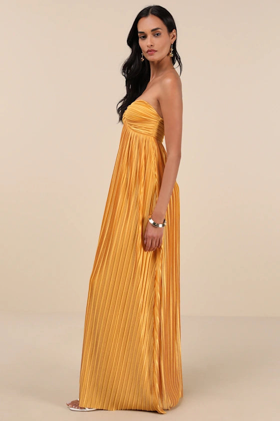 Golden Yellow Pleated Strapless Maxi Dress
