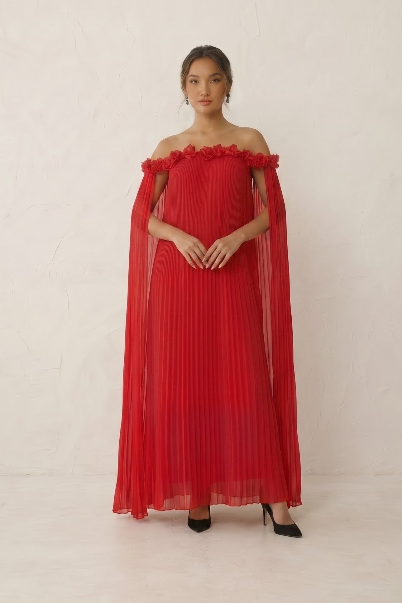 Red 3D Rose Pleated Maxi Dress