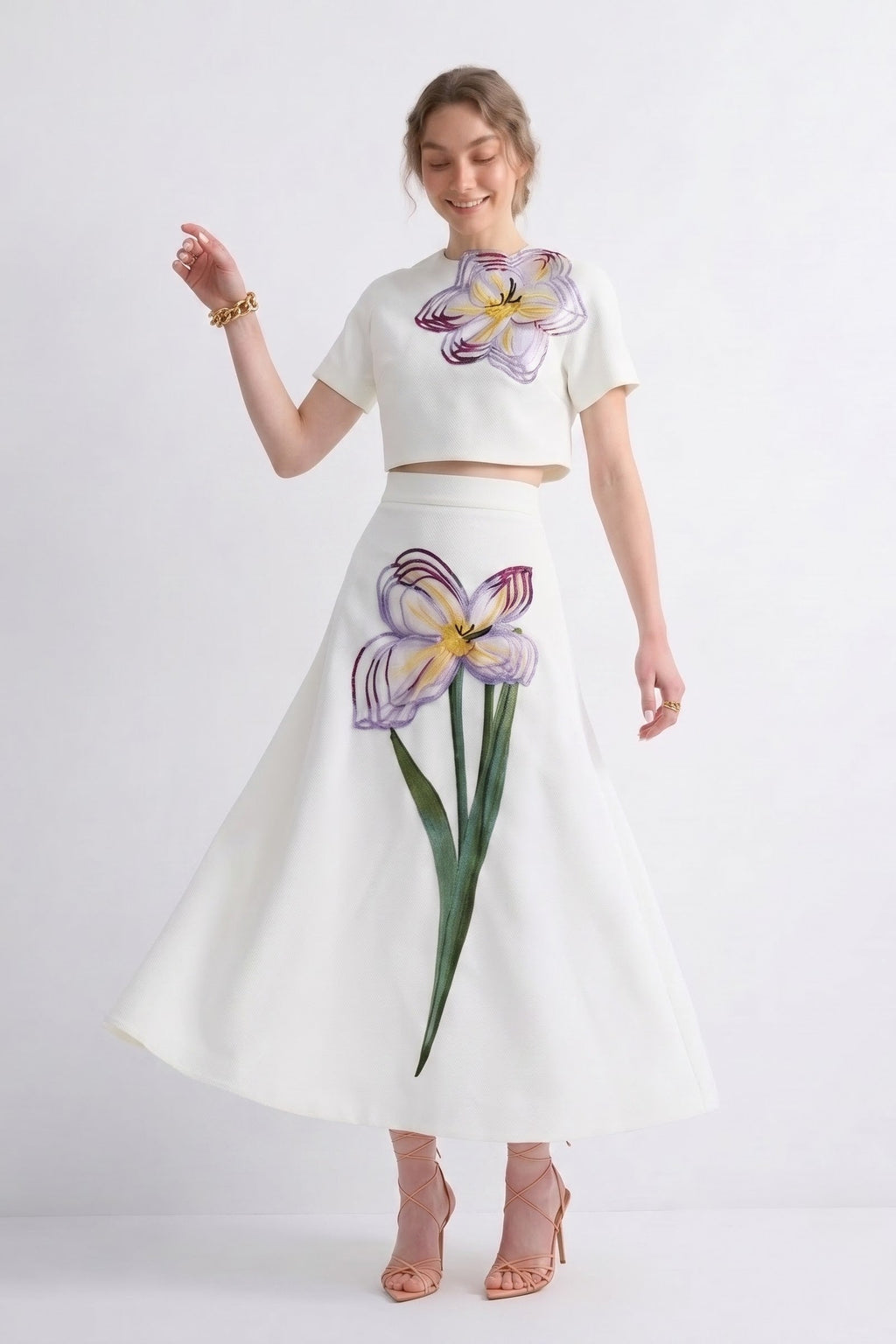 White Two-Piece Set with 3D Floral Embroidery