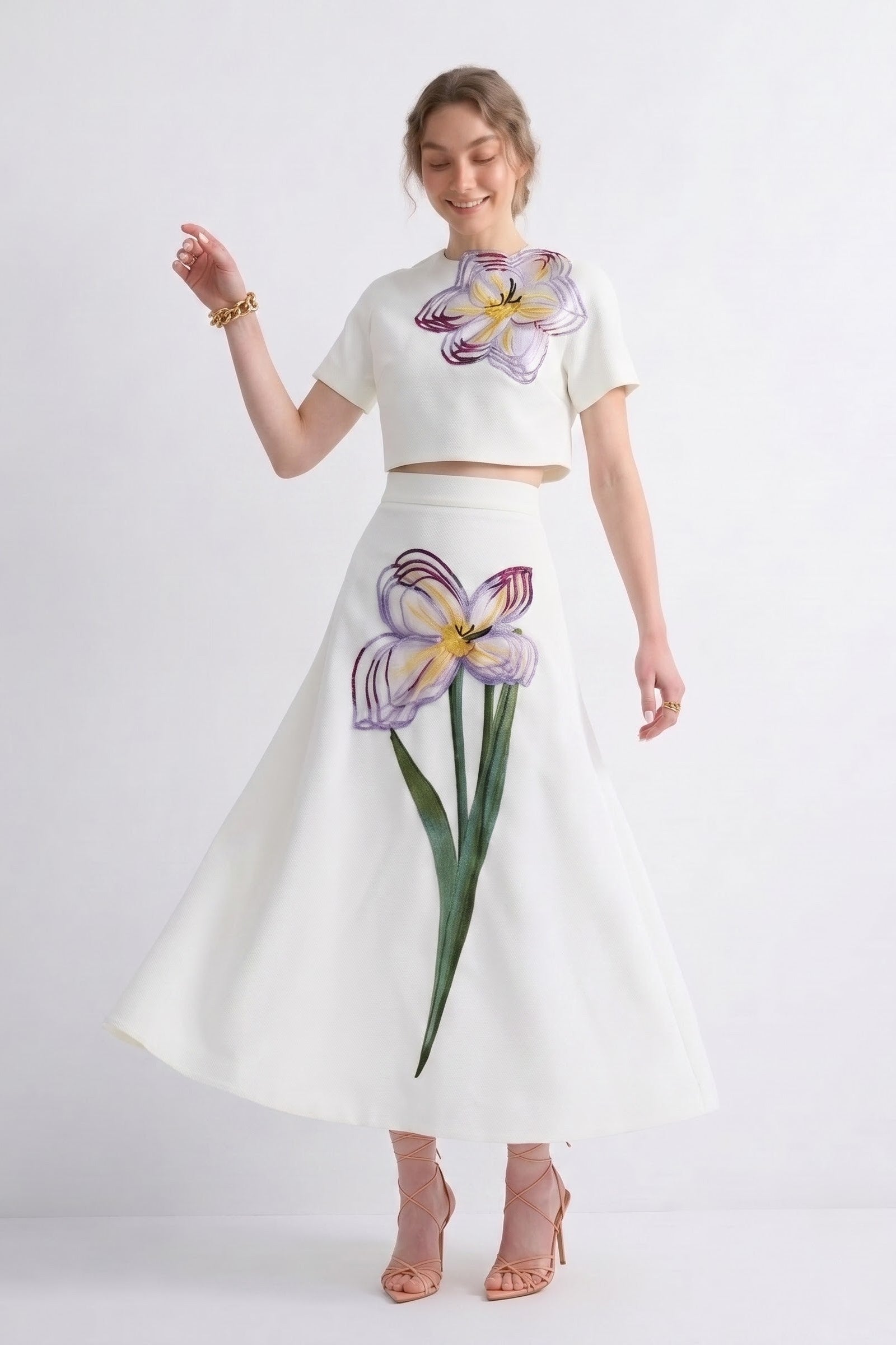 White Two-Piece Set with 3D Floral Embroidery
