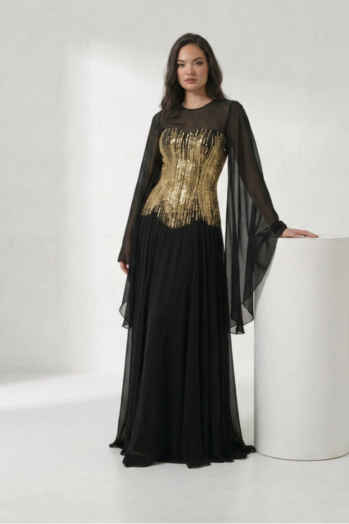 < img src="https://www.berynea.com/" 
       alt="Black Gold Sequin Chiffon Cape Sleeve Maxi Gown | Formal Evening Dress | Berynea" 
       loading="lazy" />