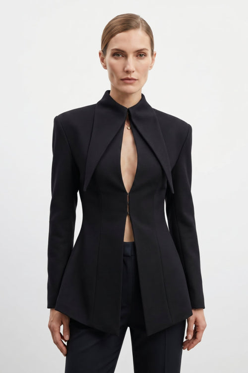 
< img src="https://www.berynea.com/" 
       alt="Black Cut Out Blazer for Women | Stand Collar Zip Front Structured Tailored Jacket" 
       loading="lazy" />