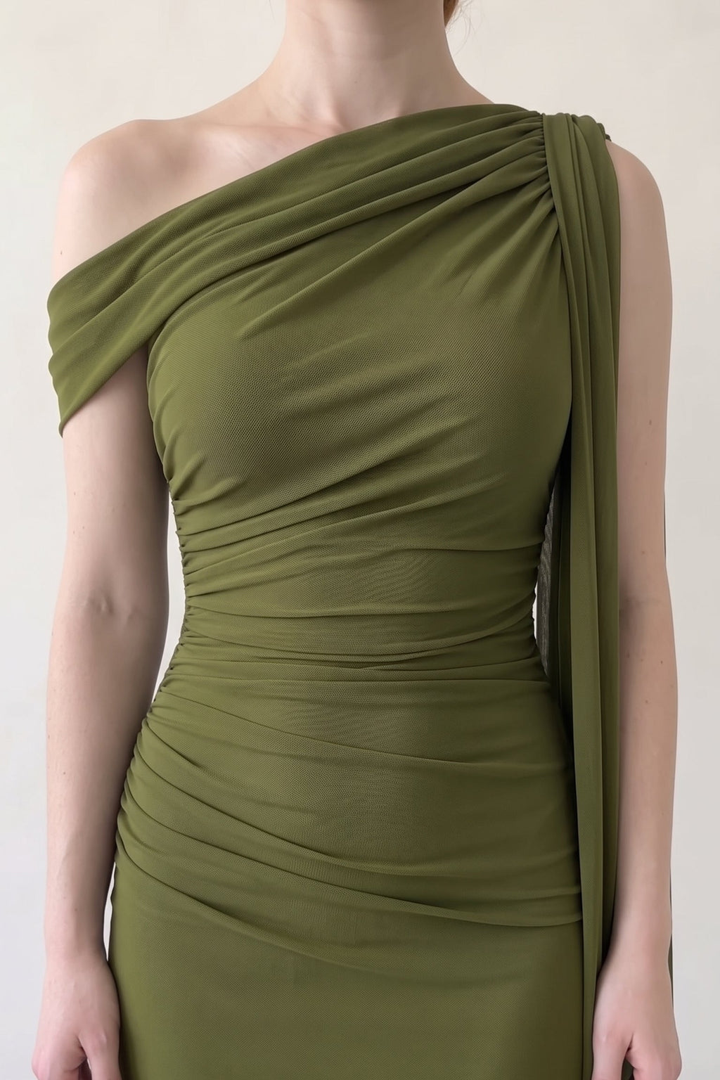 Olive One Shoulder Ruched Maxi Dress