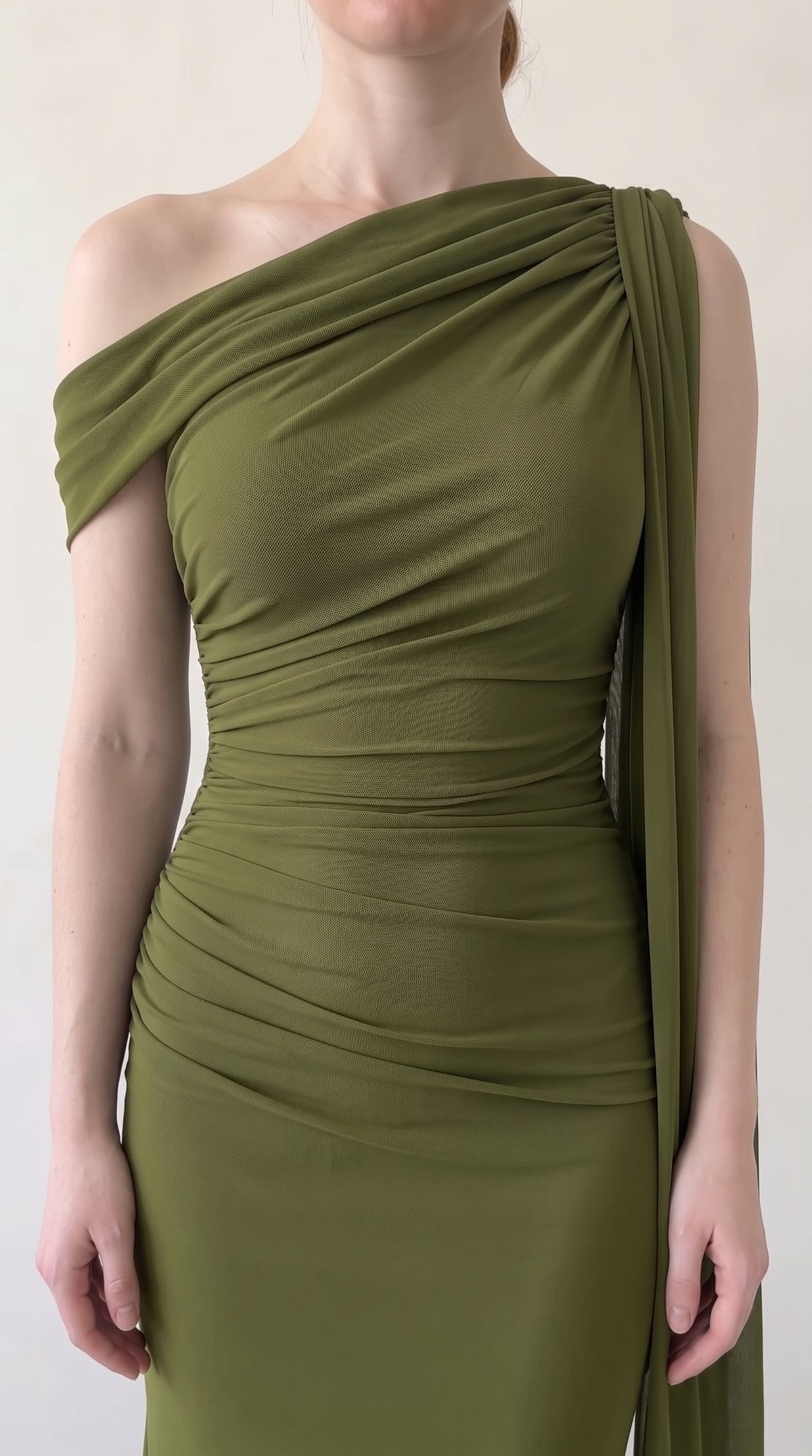 Olive One Shoulder Ruched Maxi Dress