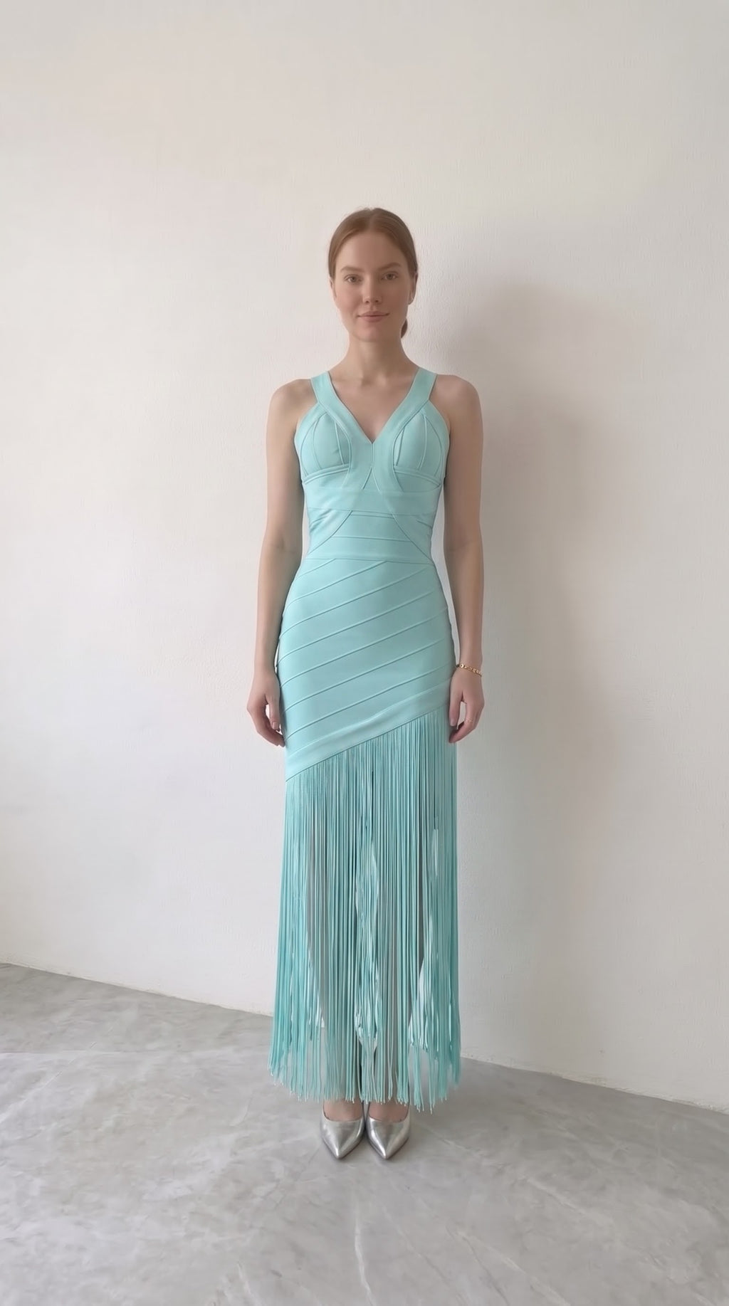 Mint Deep V Fringe Bandage Maxi Dress