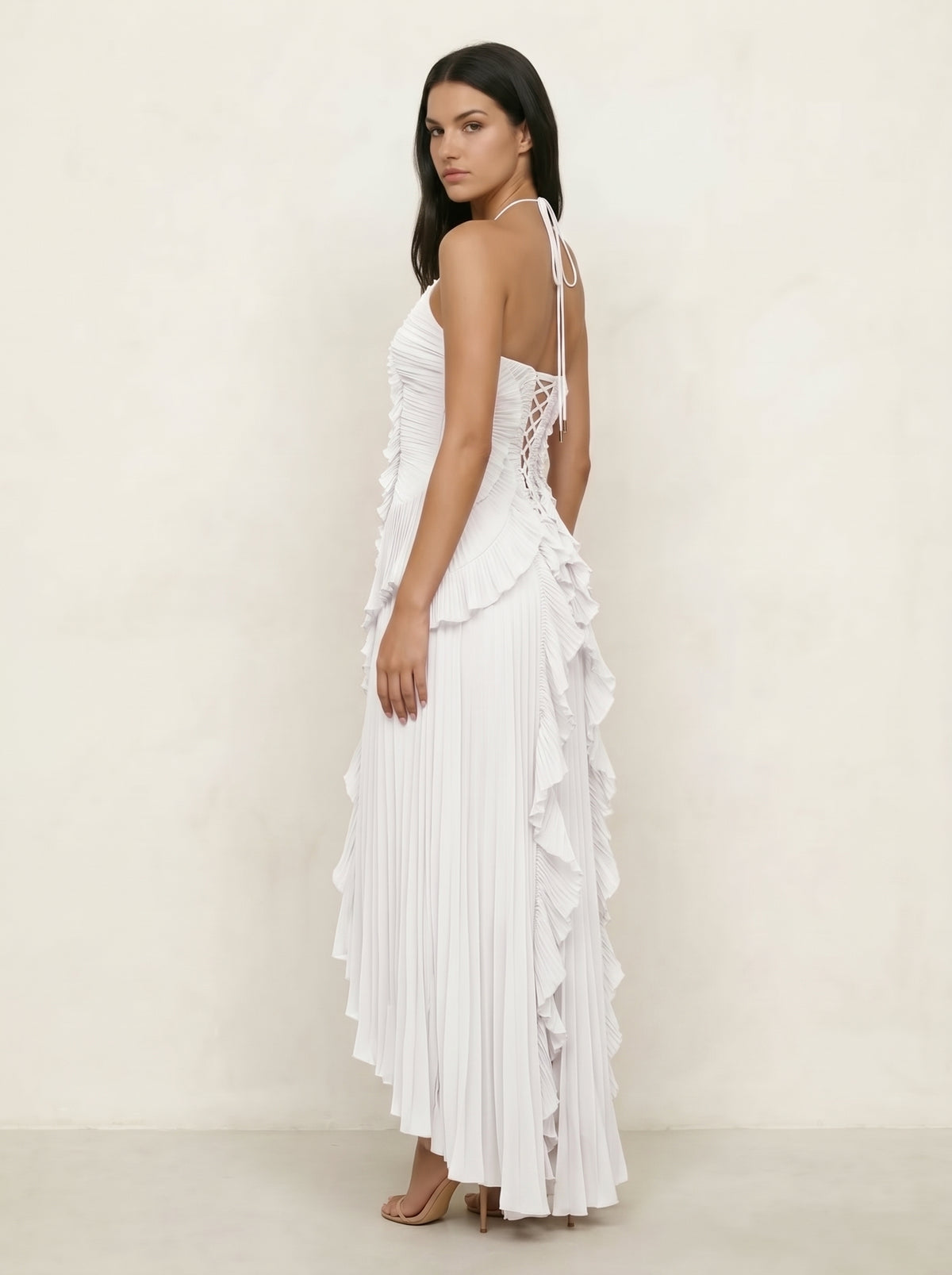 Flowy Pleated Halter  Vacation White Dress
