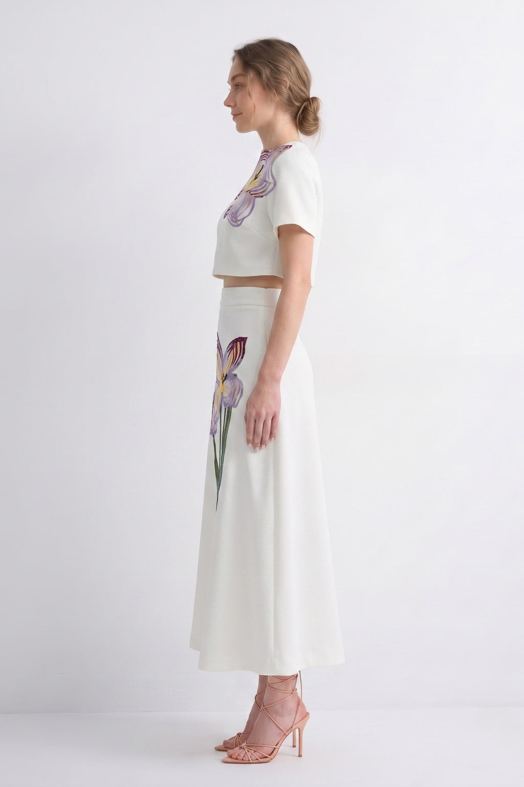 White Two-Piece Set with 3D Floral Embroidery